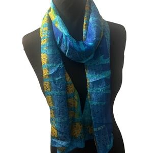 Oblong scarf India Arts Sheer, Made in India, Ethnic Print, Teal/gold/blue/black